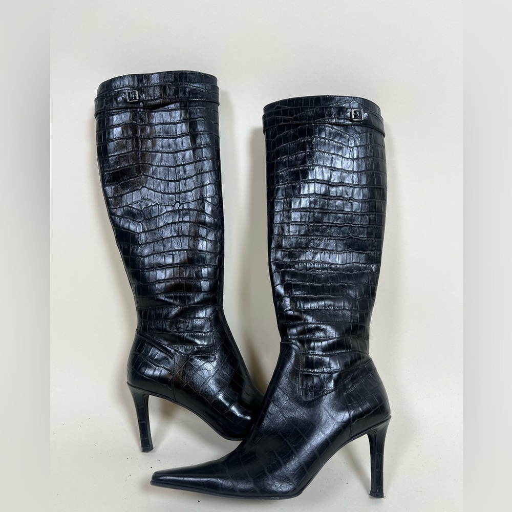 Ralph Lauren Stiletto Crocodile Leather Boots With Clasp